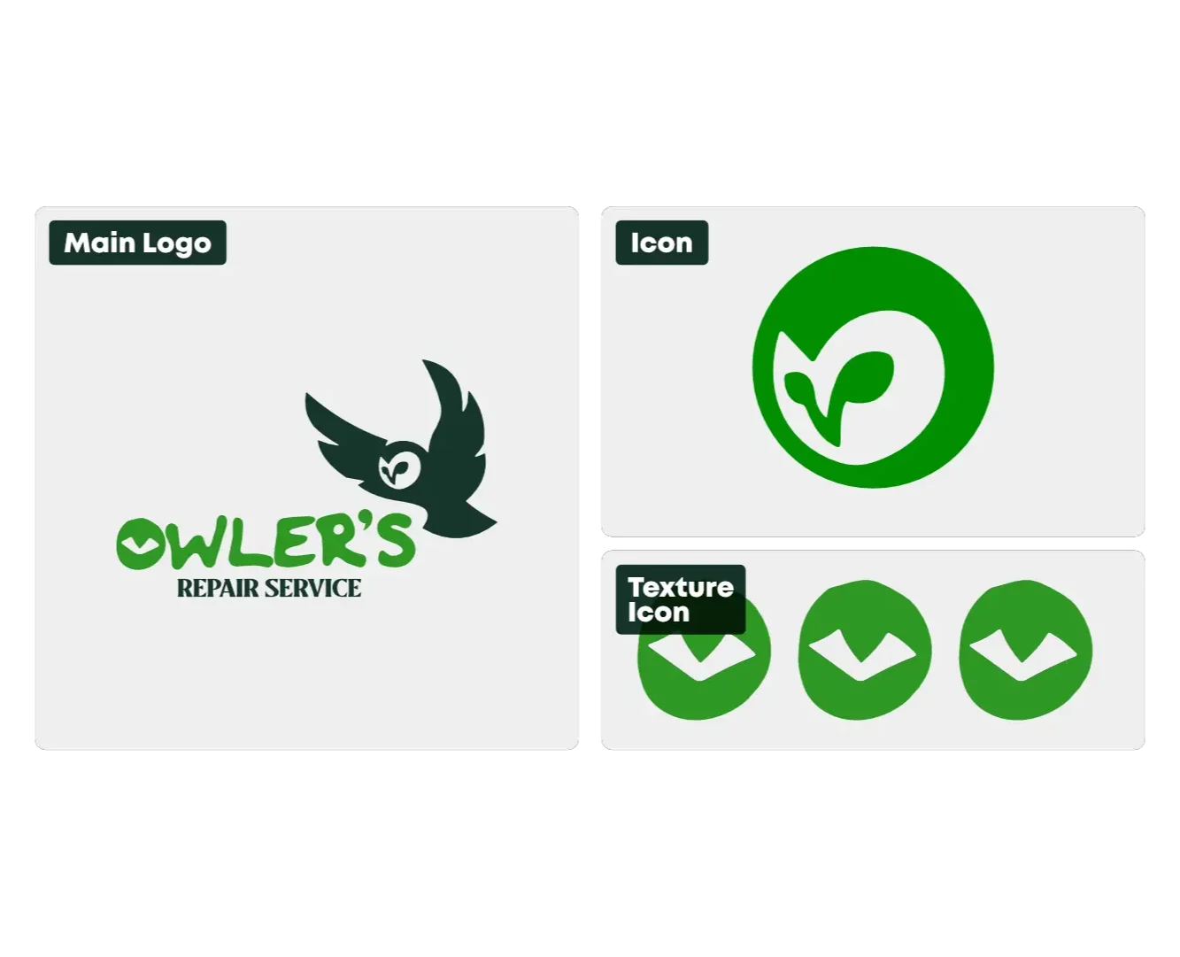A collection of brand elements for Owler's Repair Service, including the full green logo, a circular dark green owl icon, and a decorative pattern made of repeated owl silhouettes.