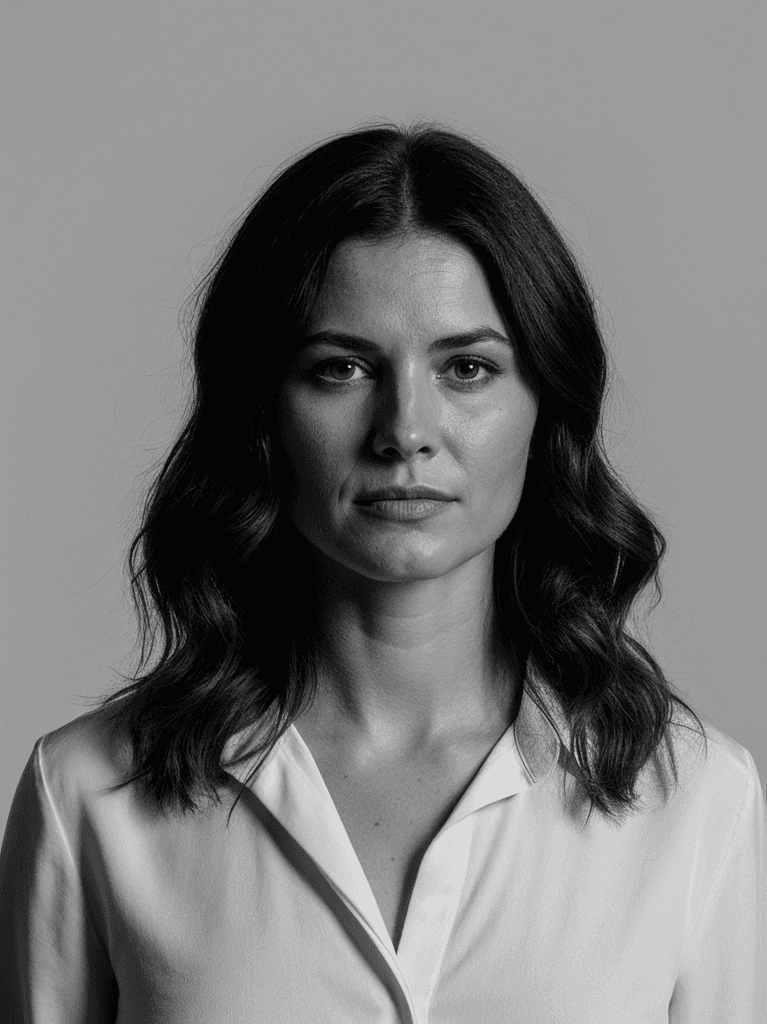 Black and white portrait of Sarah Chen, Head of Growth at Solra