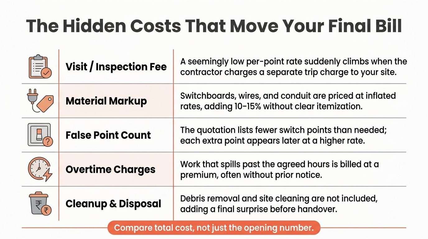 An infographic titled The Hidden Costs That Move Your Final Bill highlighting five common electrical project expenses.