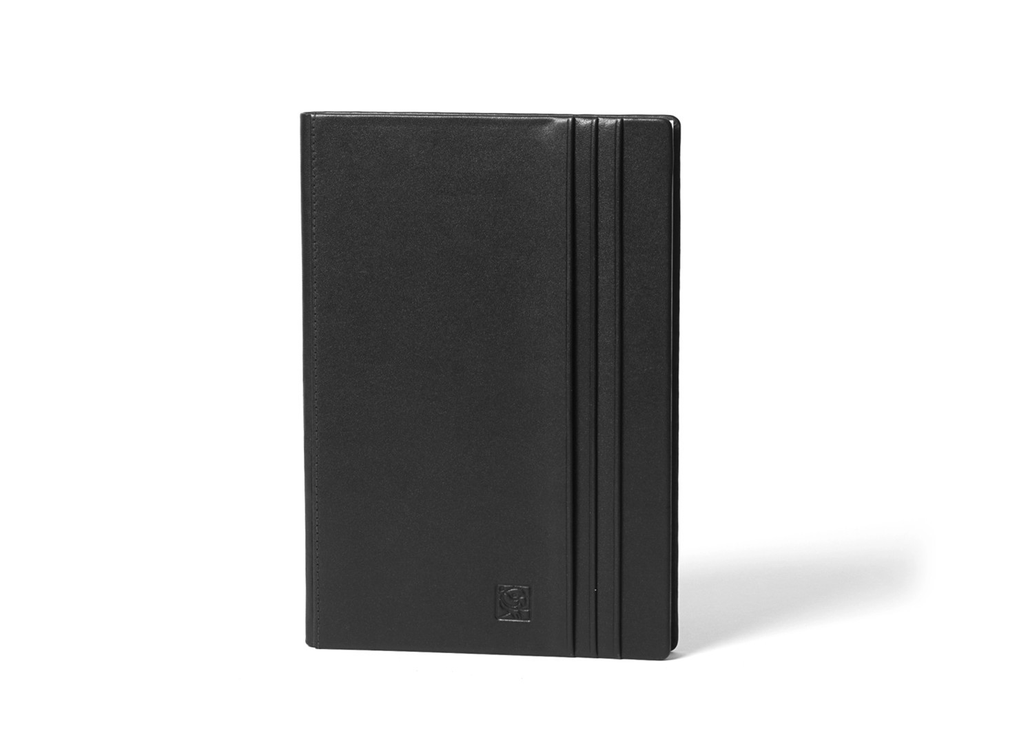 Front view of black notebook with vertical embossed parallel lines.