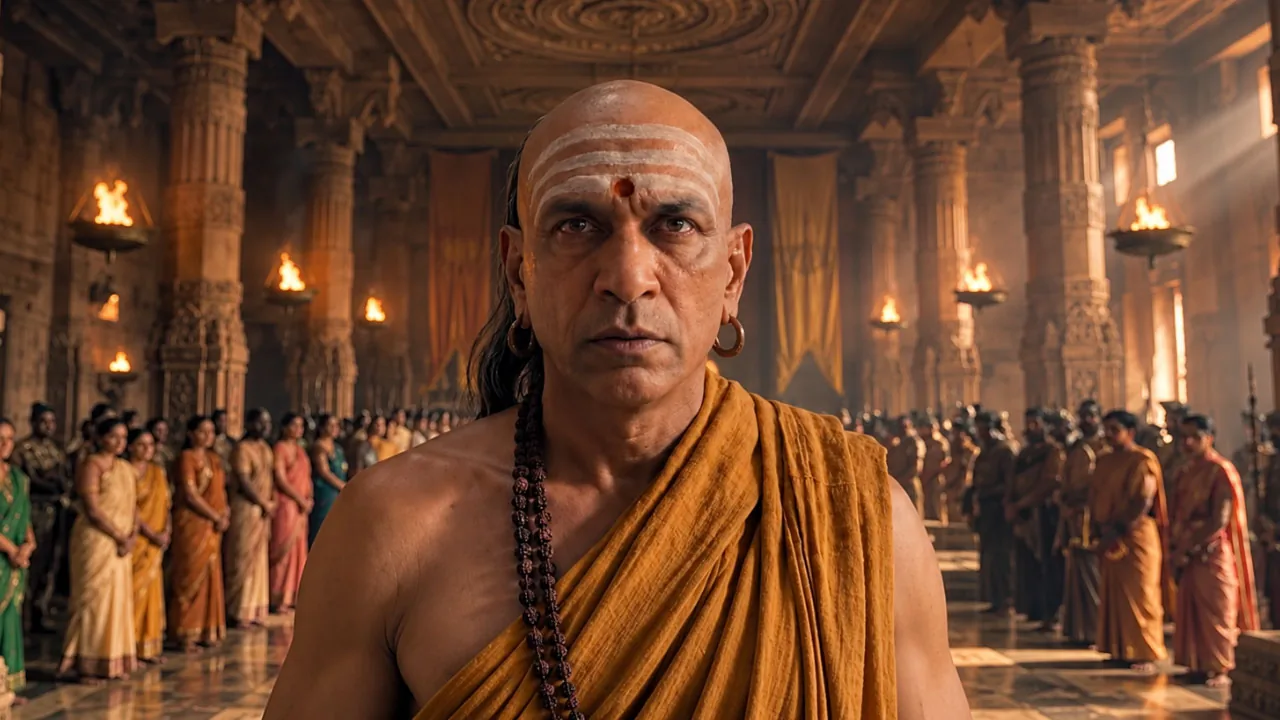 A saffron-robed teacher stands in a torchlit temple hall.