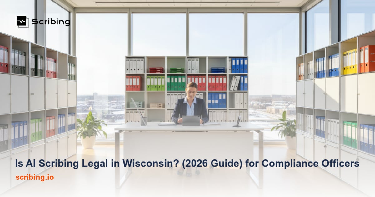 Wisconsin healthcare compliance office setting representing AI scribing legal requirements and clinical documentation standards in 2026
