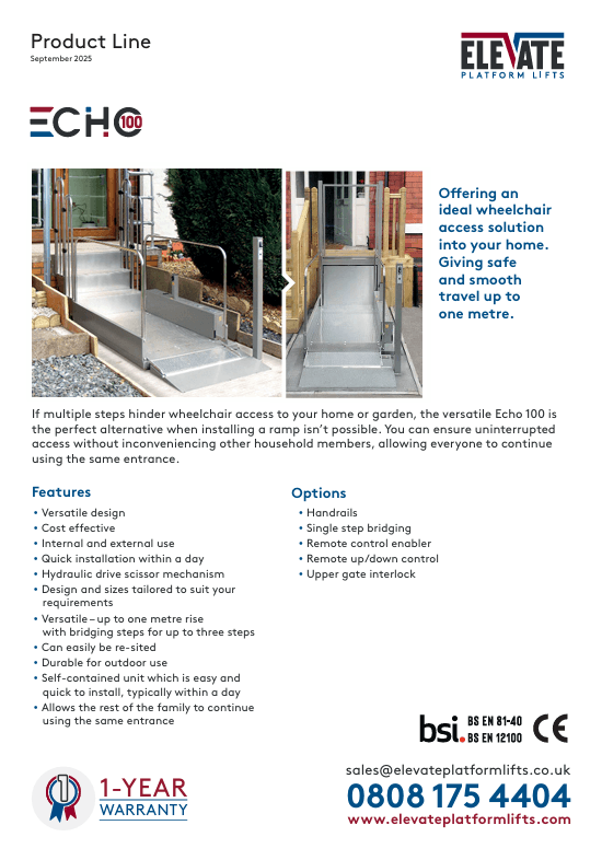 Echo 100 Step Lift installed at a residential entrance, shown in lowered and raised positions providing wheelchair access over multiple external steps