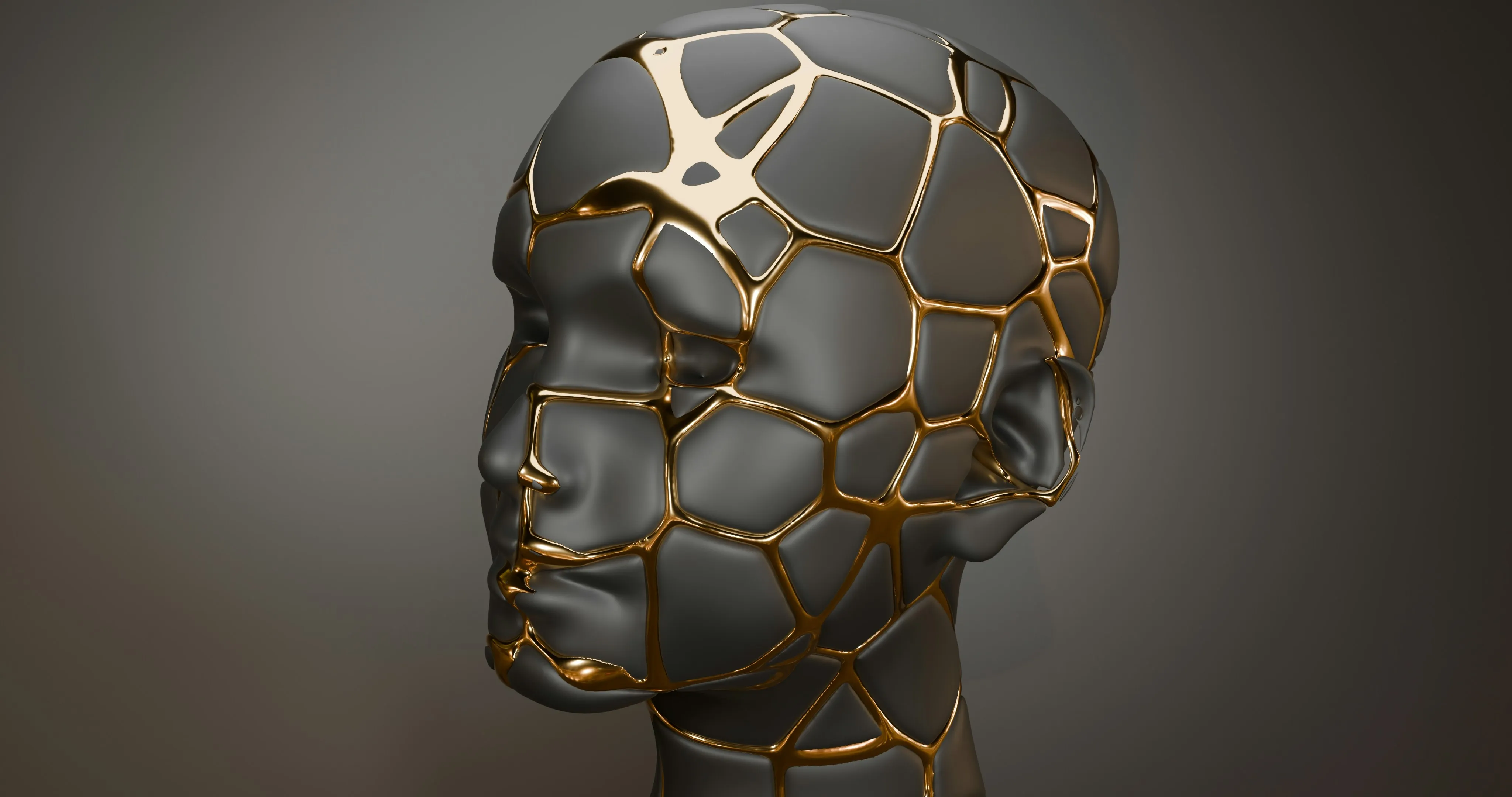 Cracked human head sculpture with gold kintsugi repairs