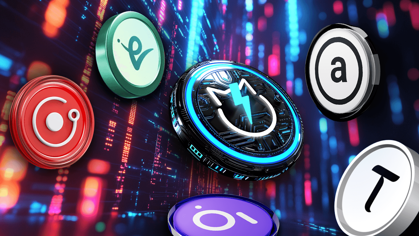Various cryptocurrency tokens floating digitally - Top AI Crypto 