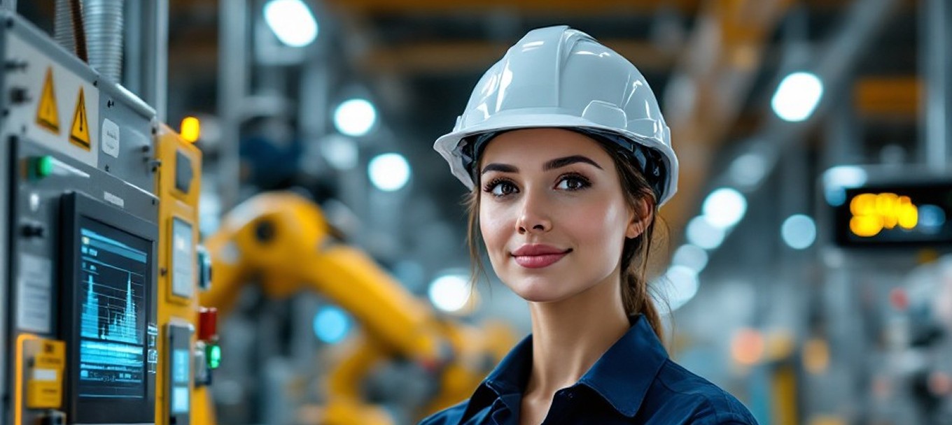 Industrial engineer in a hard hat and safety glasses on a plant floor