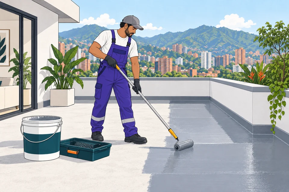 Profesional aplicando impermeabilizante en una vivienda colombiana.