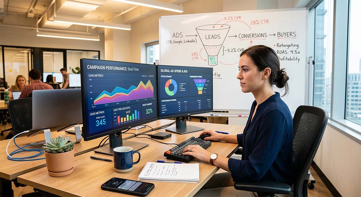 Pay per lead marketing agency workspace with real-time profitability dashboards and lead generation metrics