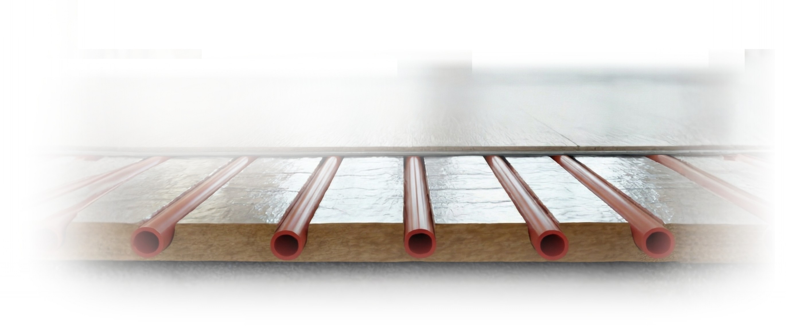 Header Bild für Desktop Version mit einem Baby und einer Auflistung verschiedener Merkmale unserer Fußbodenheizung.