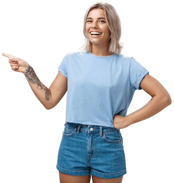 Woman pointing to her right at the text