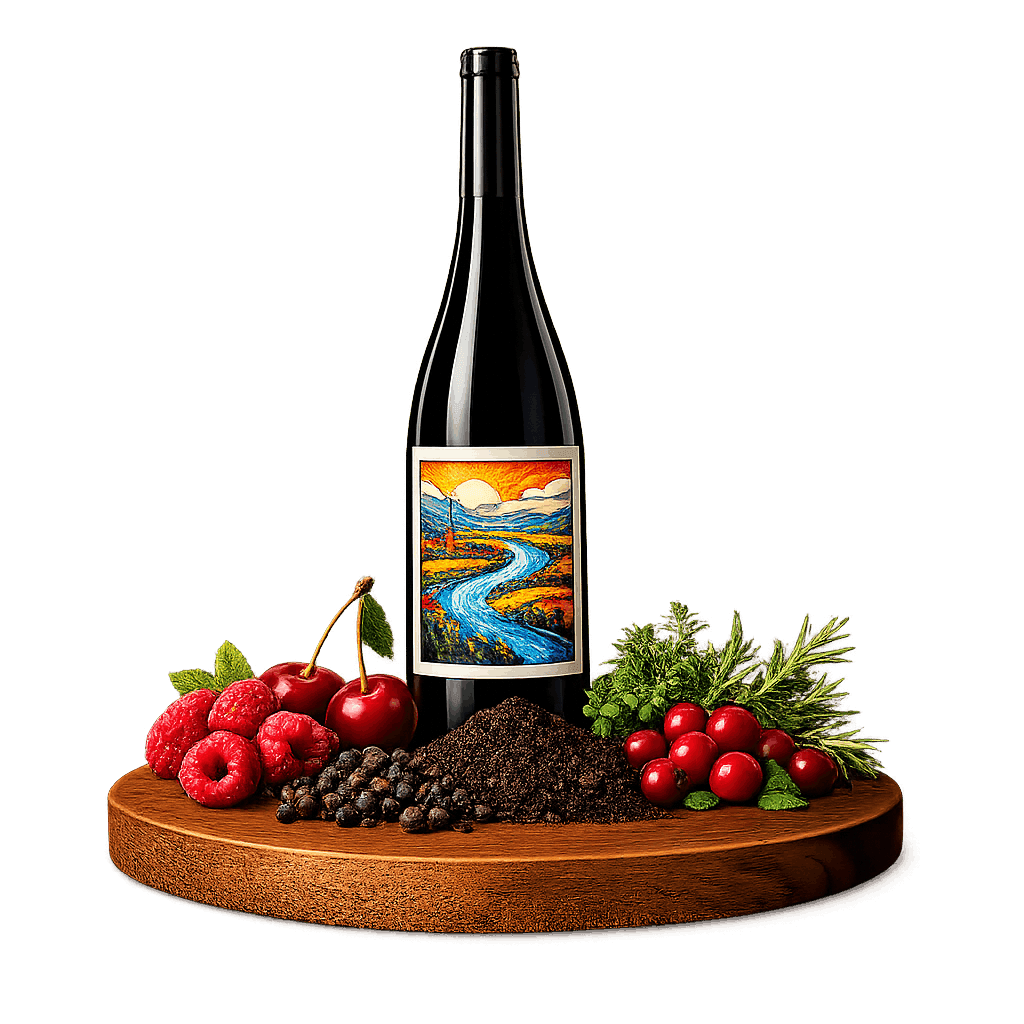 Artistic label and flavor profile for Danube Plain Gamza on a rustic wooden table.