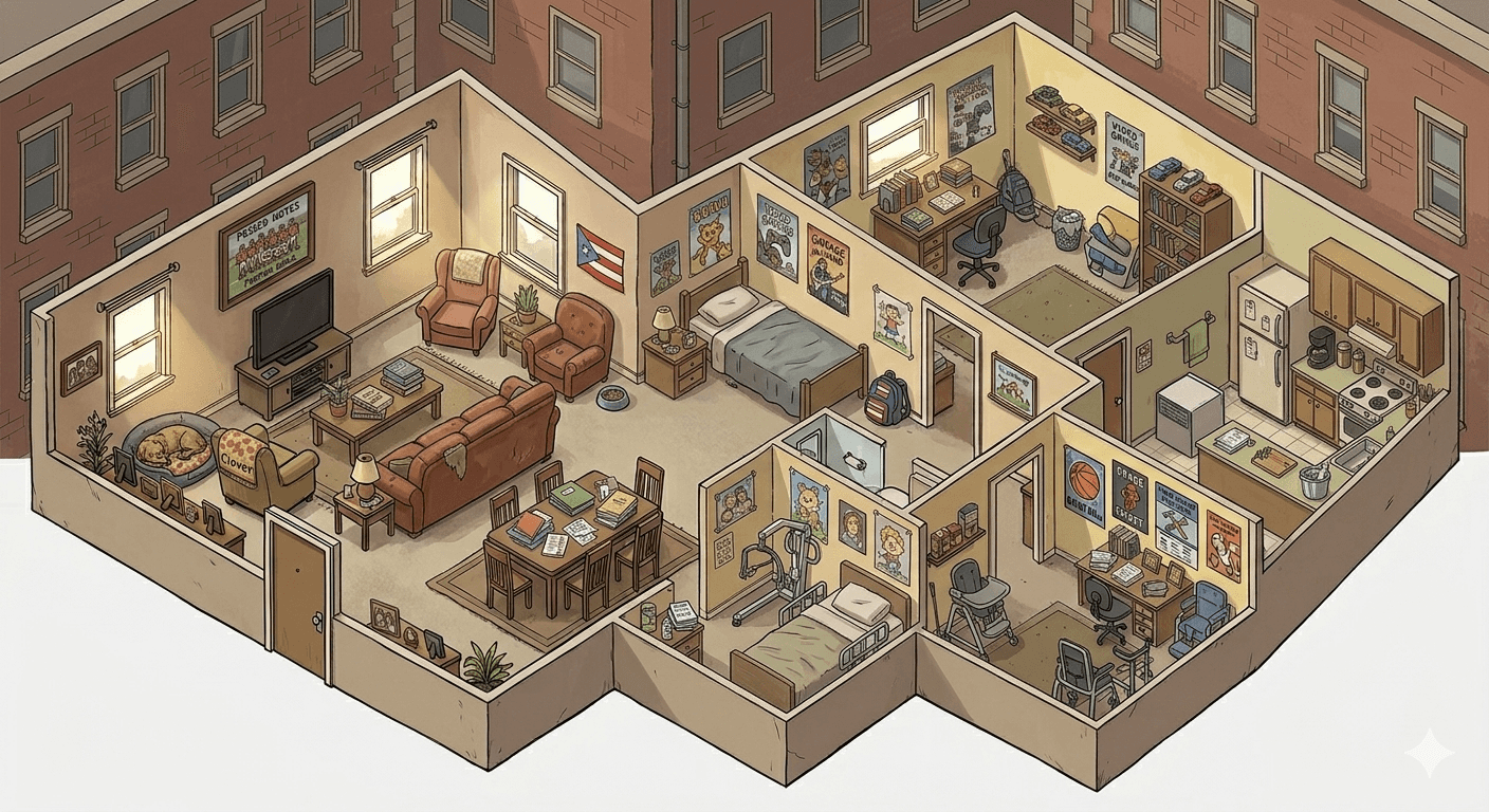 Interior shot of the Rodriguez family apartment