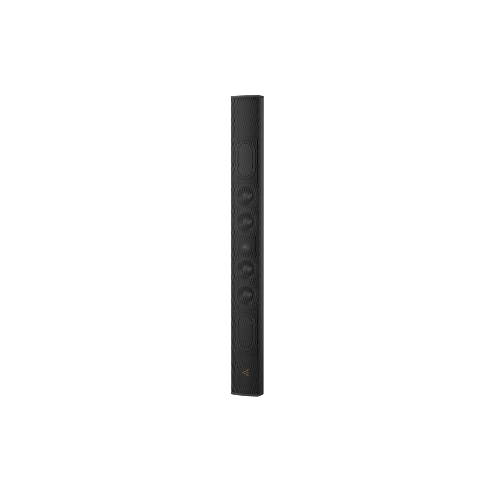 Black vertical speaker with circular elements and a small triangle logo.