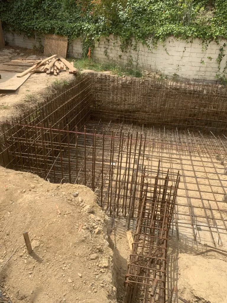 Steel reinforcement foundation prepared for Los Angeles home construction