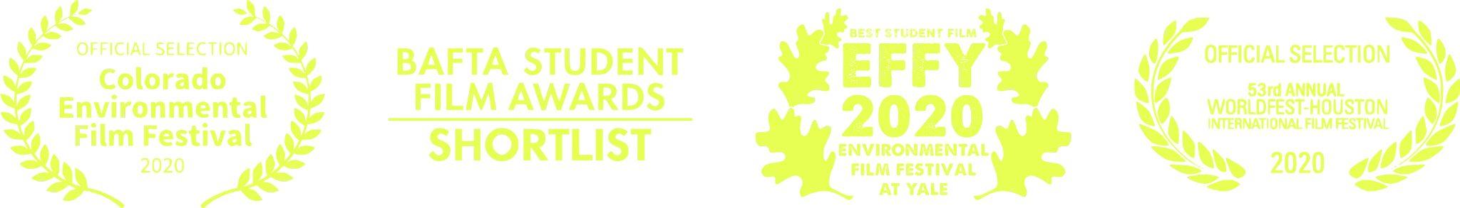 Award Logos: Colorado Environmental Film Festival, BAFTA Student Film Awards, EFFT Best Student Film (Yale), Worldfest-Houston International Film Festival