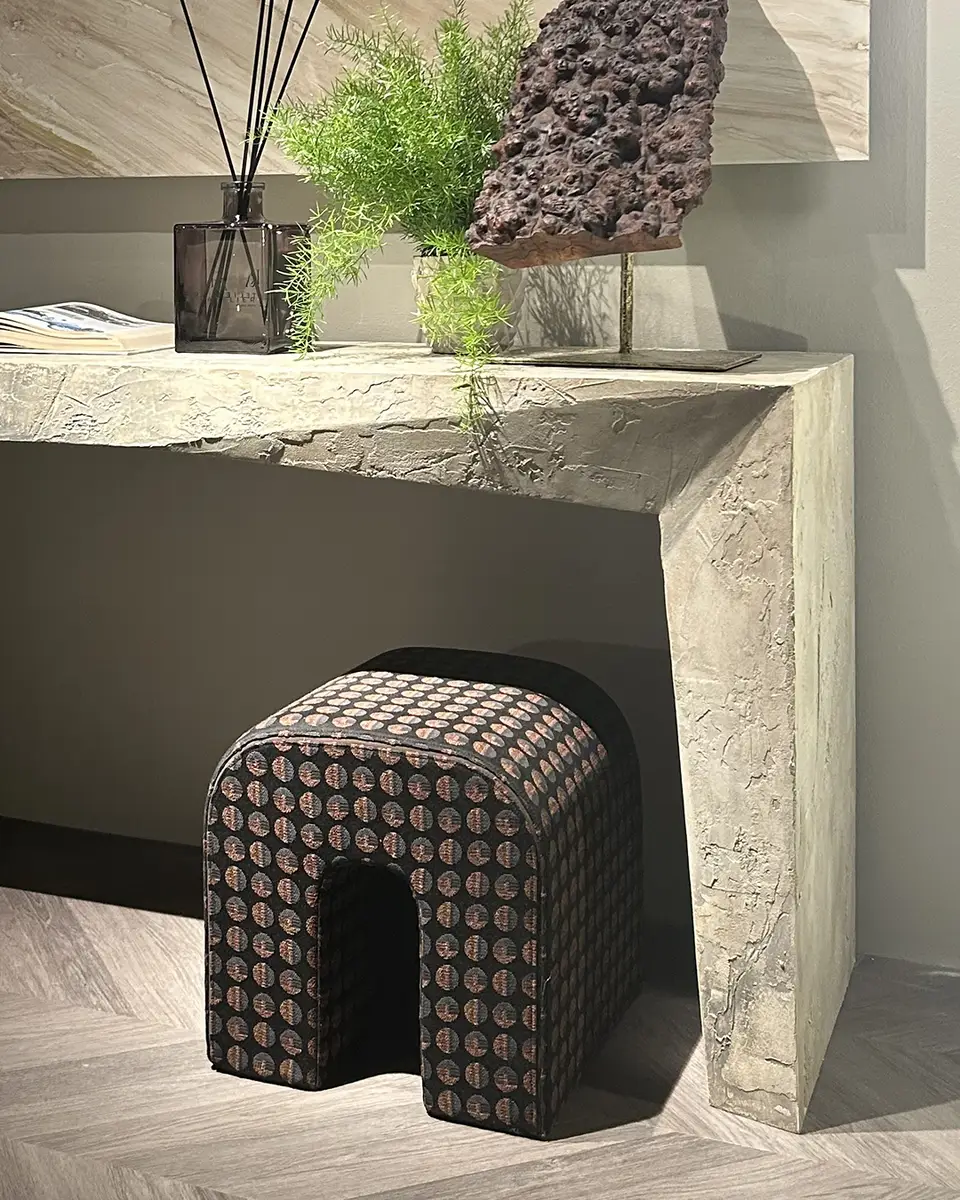 Handmade italian luxury pouf with artistic fabric patterns, combining exclusive furniture style with modern luxury furniture appeal.