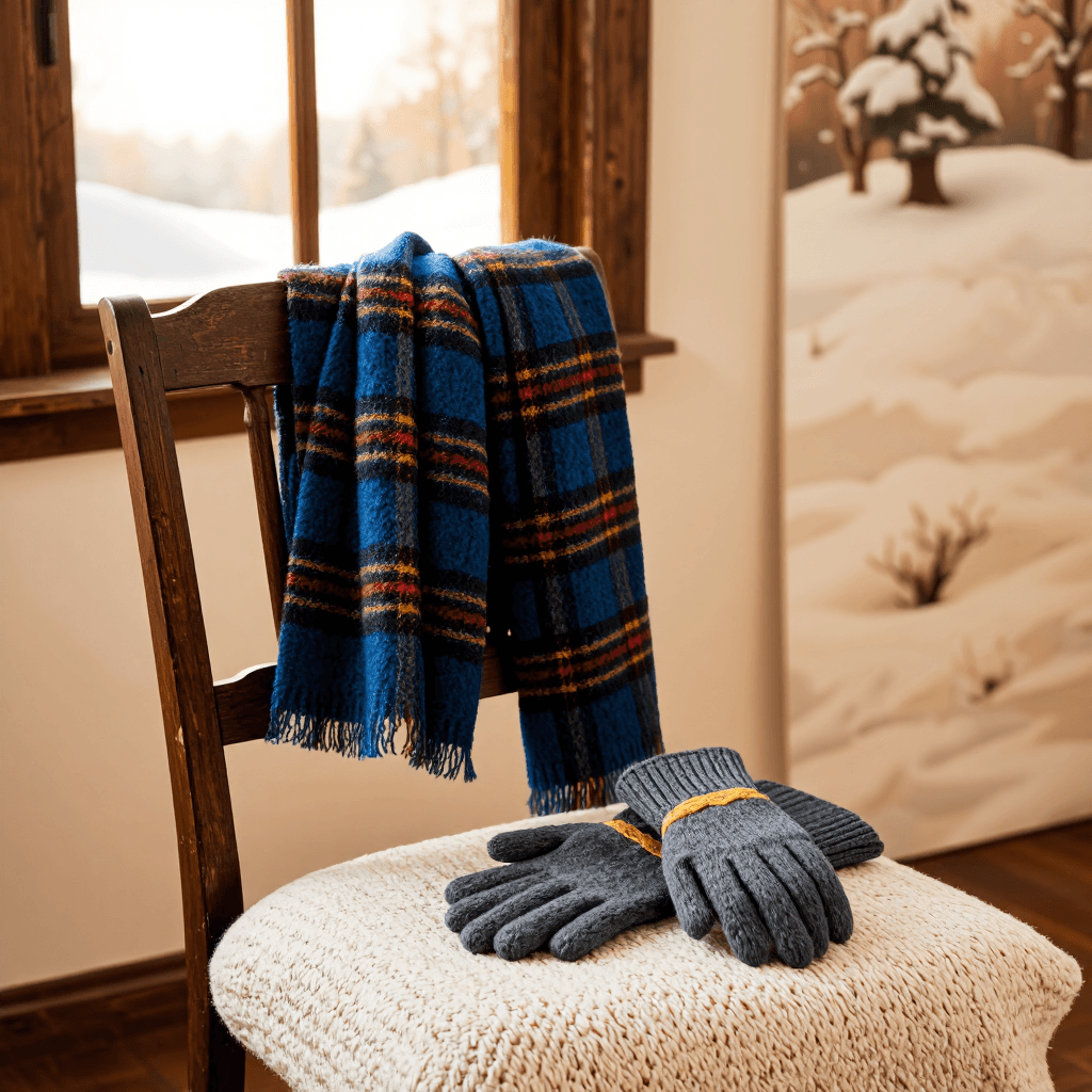 product photography of a scarf and gloves set, used for keeping warm in cold weather