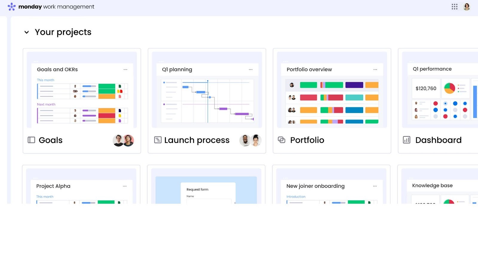 monday.com's dashboard of customizable projects
