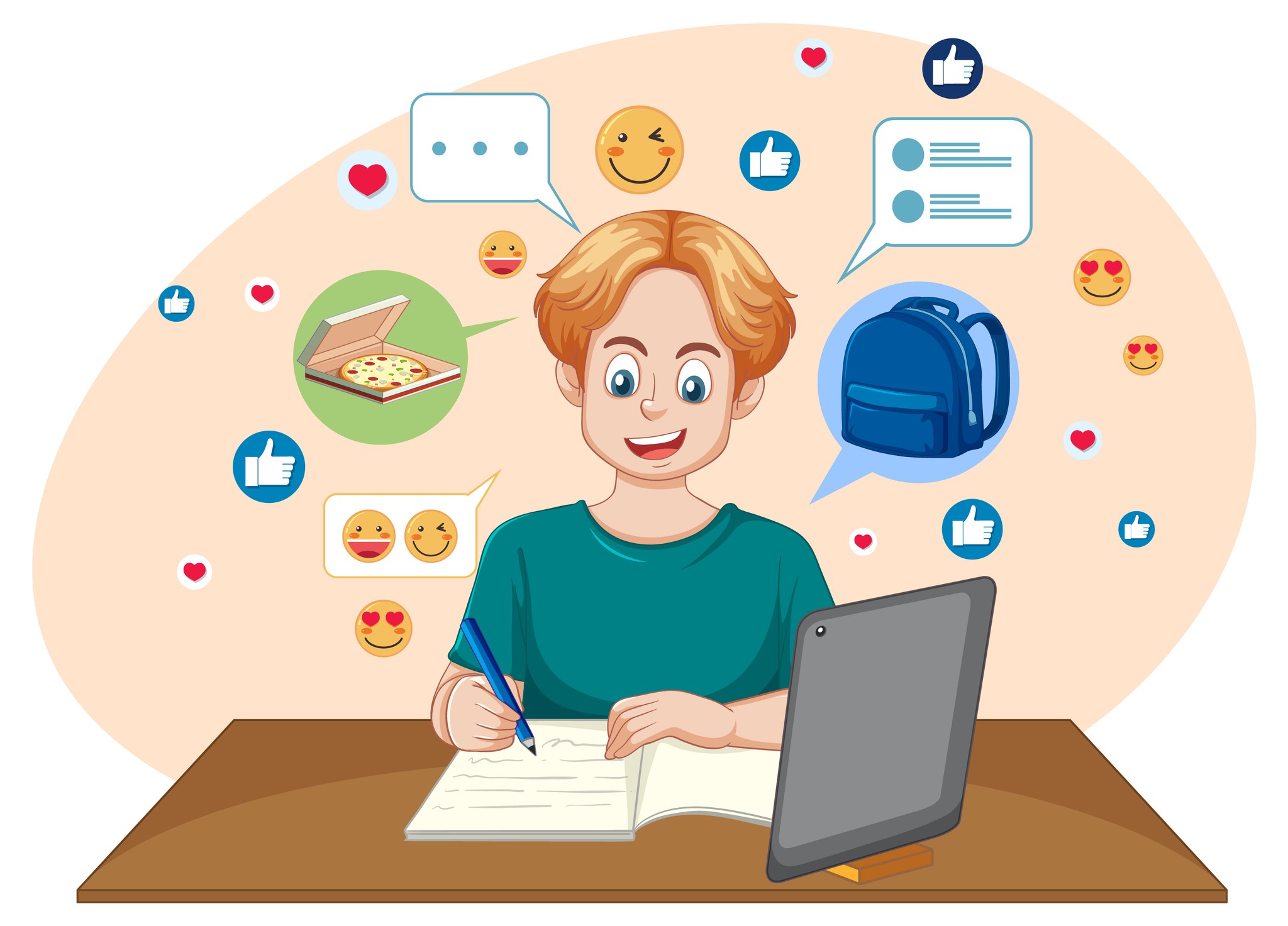  A boy sits at a desk, surrounded by various social media icons, engaged in digital communication.