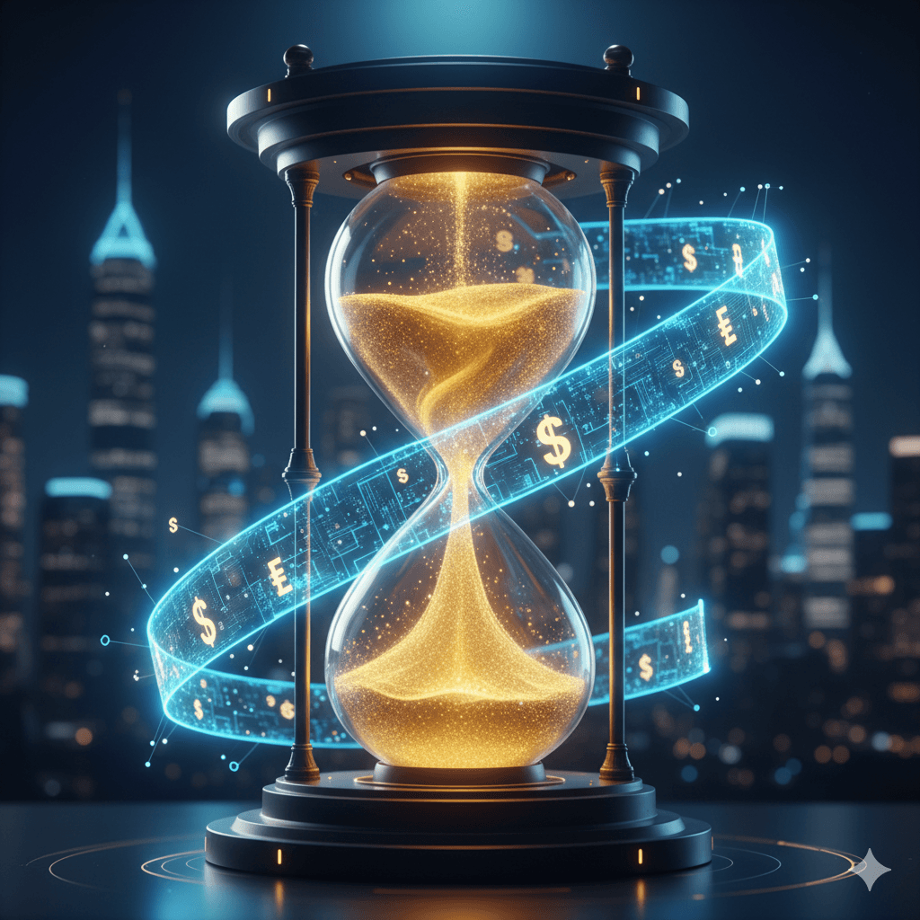 Futuristic digital hourglass with flowing gold dust depicting timeless value in commercial real estate