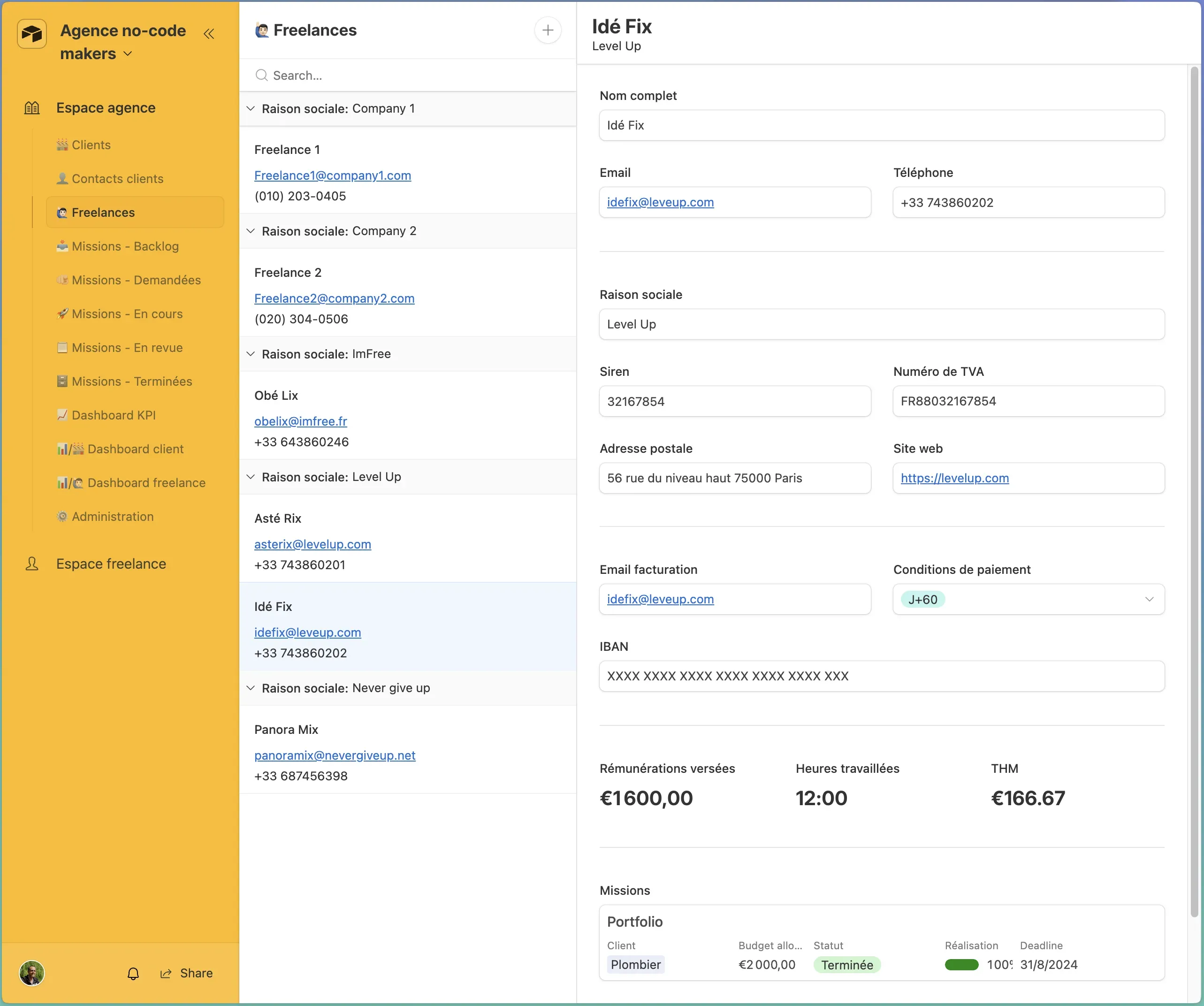 Espace Agence - vue freelances
