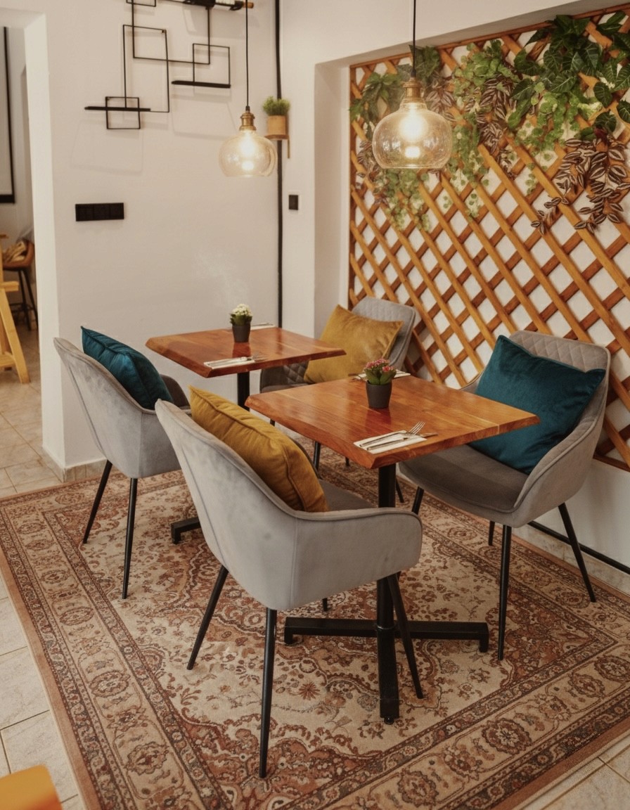 Cozy cafe corner with a round terrazzo table surrounded by wooden chairs, decorated with potted plants and a large mirror reflecting warm light.
