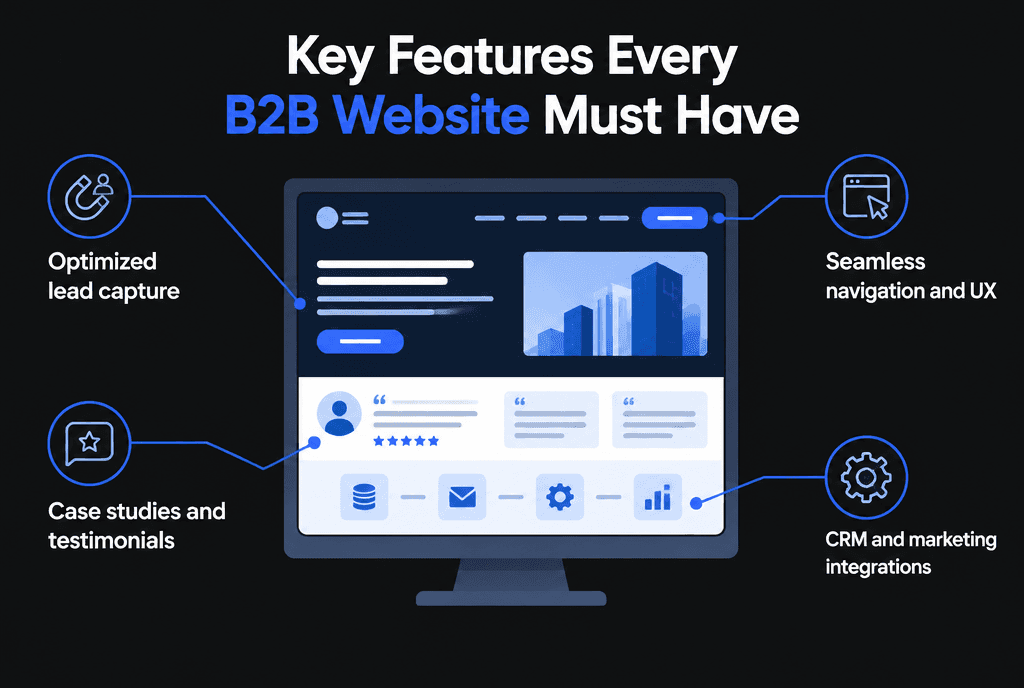 Infographic showing a B2B website wireframe with callouts for lead capture, navigation and UX, case studies and testimonials, and CRM integration