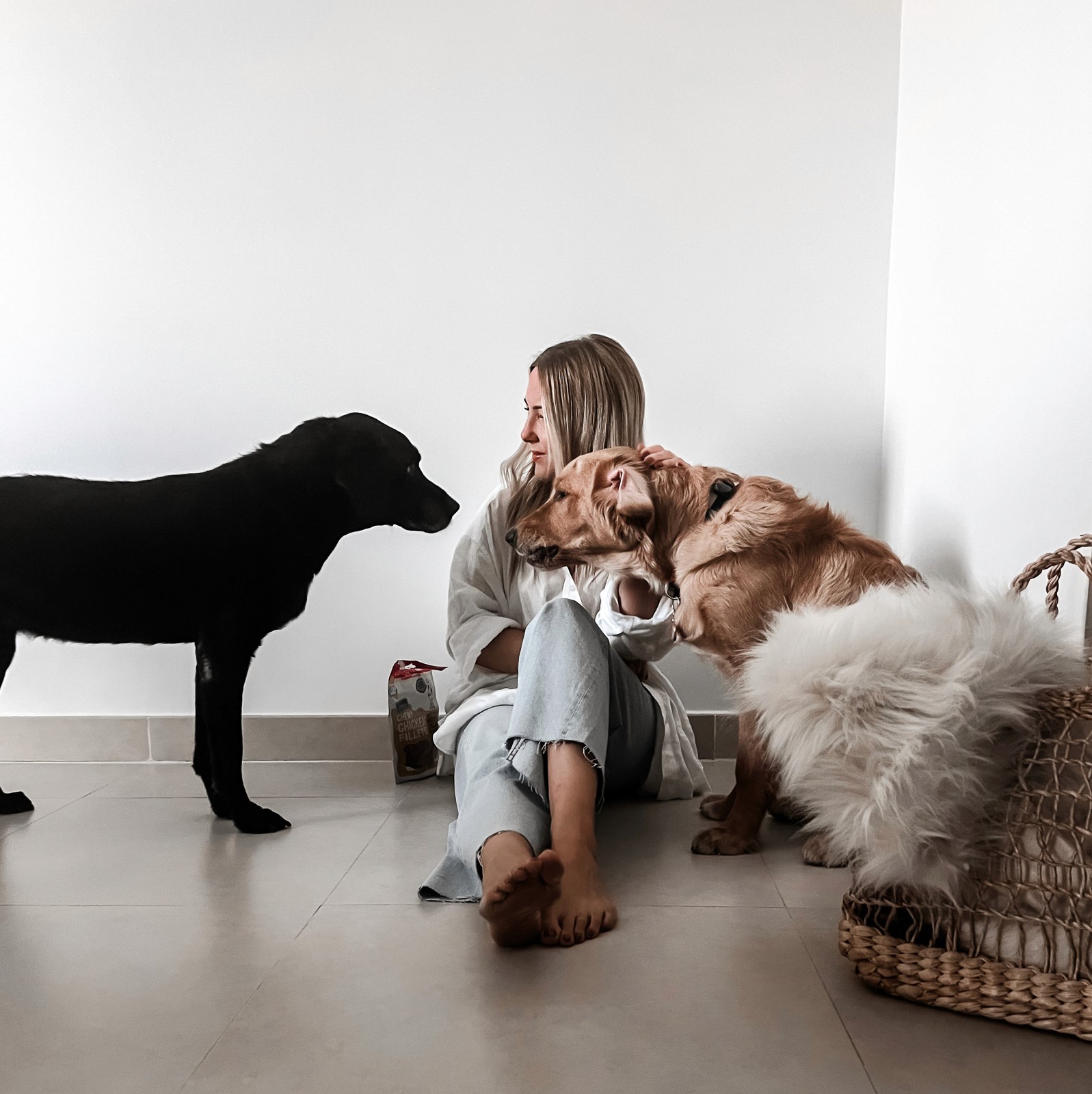 Designer Charlotte sitting with her dogs