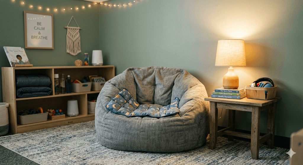 A cozy, perfectly designed "quiet zone" in a home or classroom. The space features a soft, textured bean bag chair, a weighted lap pad, and a small, warm-toned lamp emitting a gentle glow instead of overhead lights. Calm, soothing, and organized atmosphere