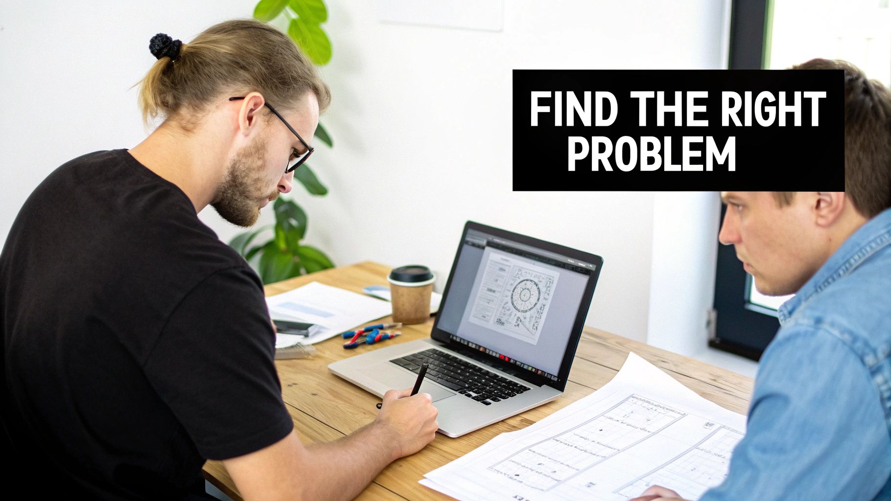 Two men collaborating at a desk, looking at technical drawings on a laptop and paper.