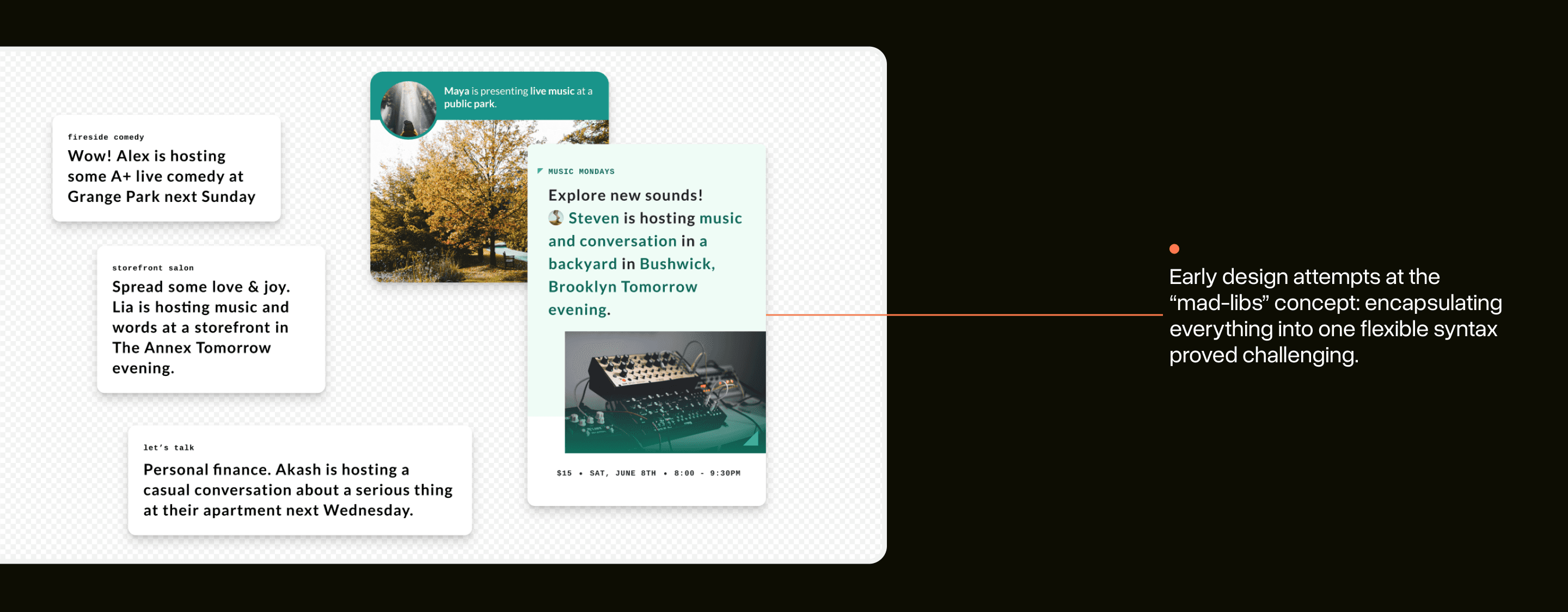 A collage of early design attempts at the mad-libs concept. A caption reads: “encapsulating everything into one flexible syntax proved challenging.”