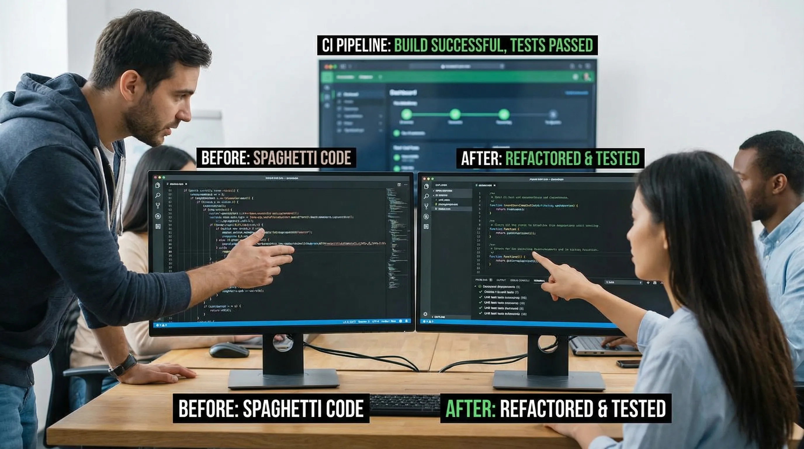 Egy fejlesztői csapat code review-t tart: az egyik oldalon „spagetti” kódrészlet sok beágyazott feltétellel, a másikon tiszta, jól elnevezett függvények és egységtesztek, a háttérben CI pipeline zöld állapotban.