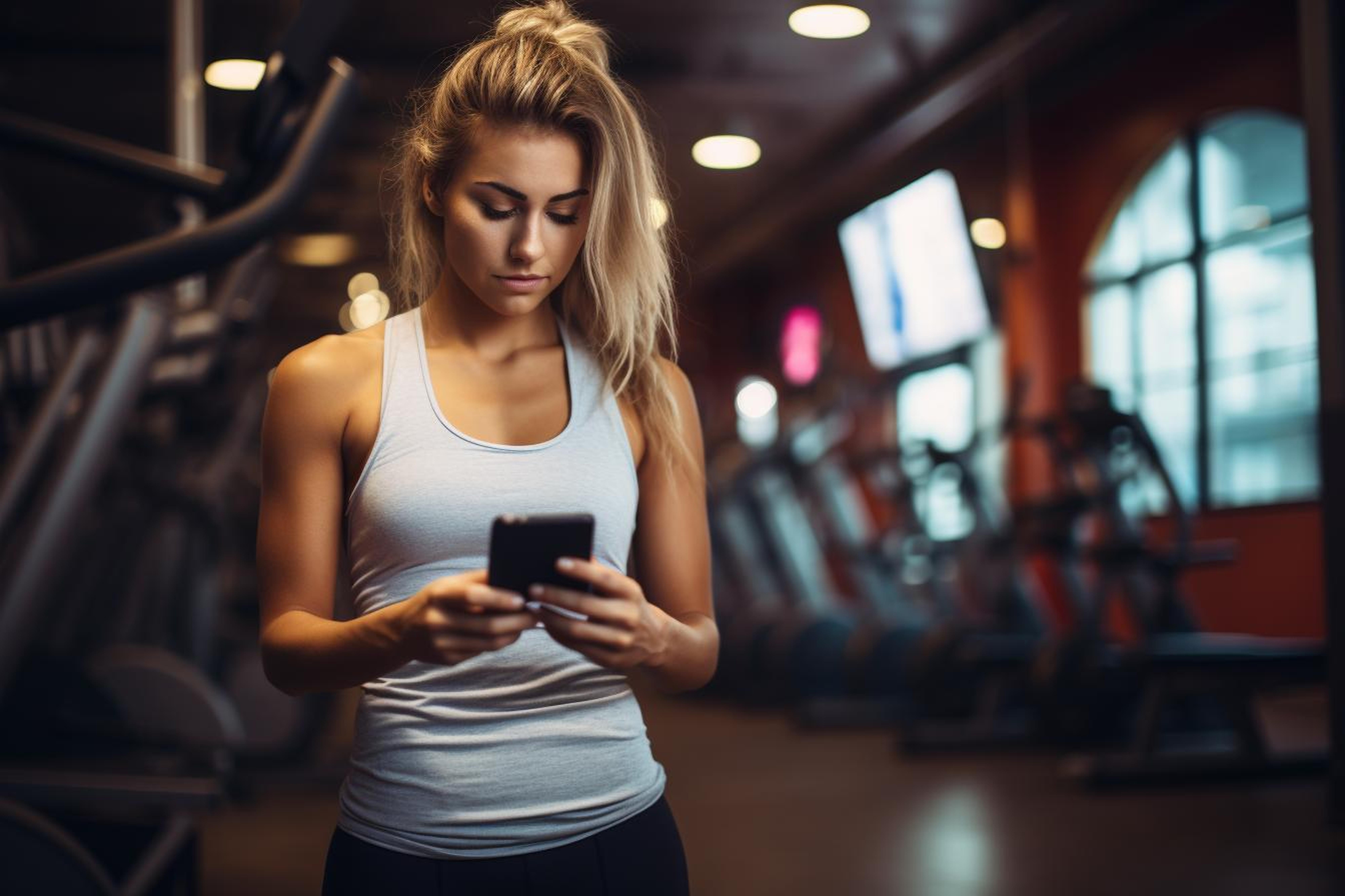A person reviewing fitness activity on a mobile device inside a modern gym space, reflecting workout tracking, progress insights, and clear activity results.