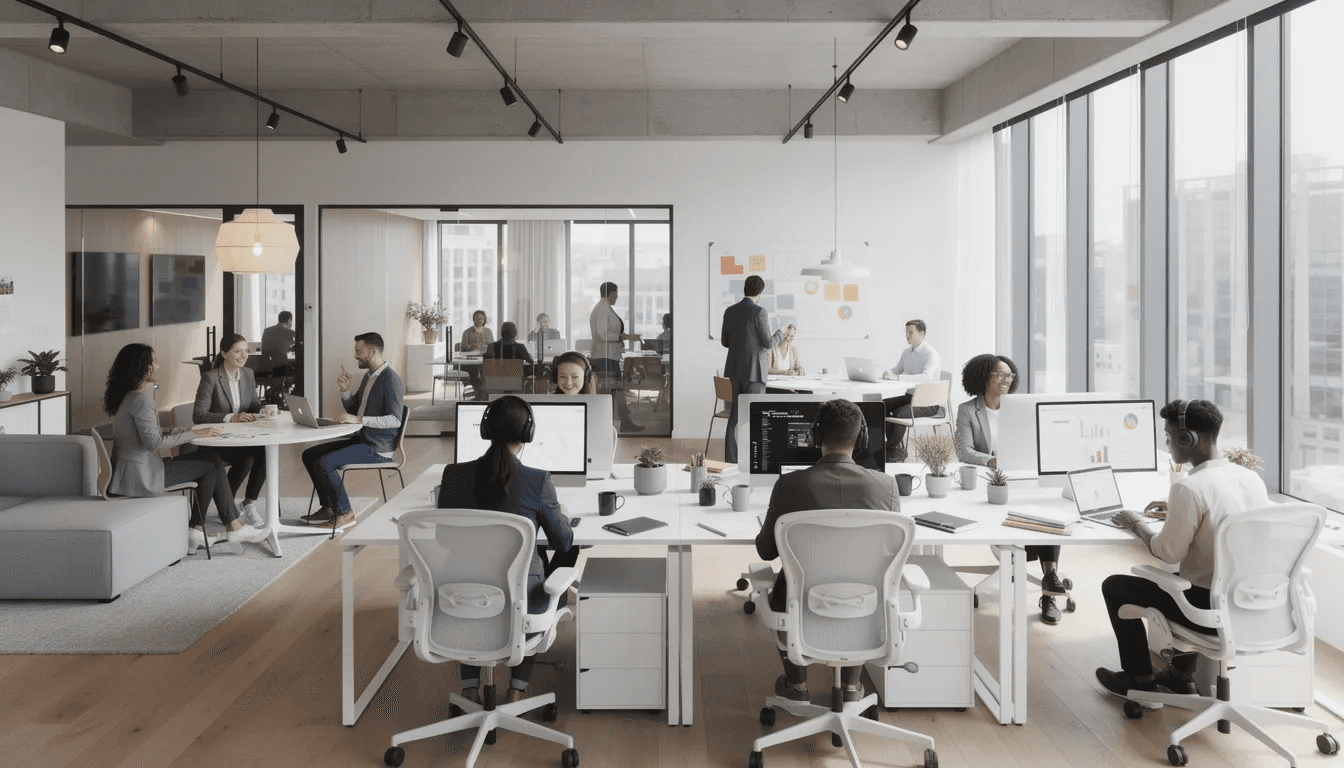 The image depicts a modern open-plan office where employees are engaged in focused work at their desks while others collaborate in small groups, embodying a vibrant company culture that supports remote and hybrid teams. This virtual workspace fosters teamwork and communication, essential for maintaining productivity and connection in today's distributed teams.