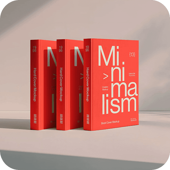 Three red books titled "Minimalism" standing vertically
