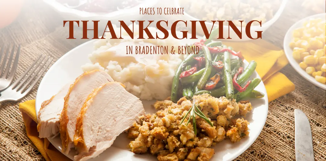 A beautifully arranged Thanksgiving plate featuring sliced turkey, mashed potatoes, sautéed green beans, and stuffing, set against a rustic table in Bradenton, FL.
