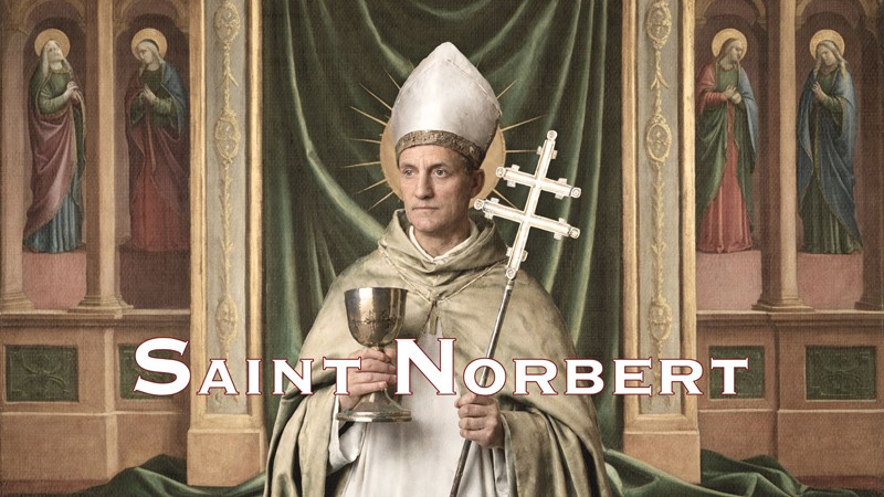 Sacred artwork by Faith and Verse. © Faith and Verse, 2025. All rights reserved.  Traditional Catholic saint portrait — Saint Norbert of Xanten in episcopal vestments holding a cross and monstrance, symbolizing Eucharistic devotion and reform.