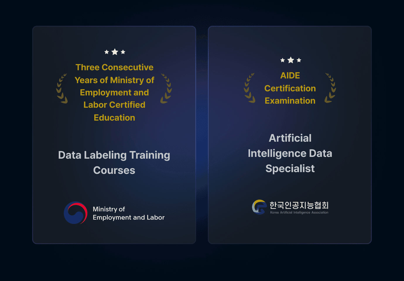 The left side shows the image of the 'Data Labeling Training Course' certified by the Ministry of Employment and Labor, and the right side shows the image of the 'Artificial Intelligence Data Specialist' course certified by the Korean Artificial Intelligence Association, each containing their respective logos.