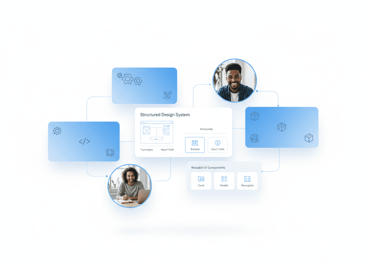 Frontend developers and designers collaborating on a shared design system to reduce technical debt and improve UI scalability