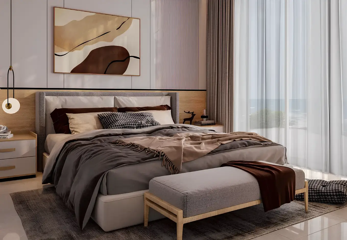 A modern bedroom featuring a large bed and an oversized painting titled 'Oceana' on the wall.