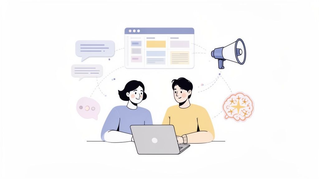 Two people collaborating on a laptop with icons representing social media, communication, and ideas.