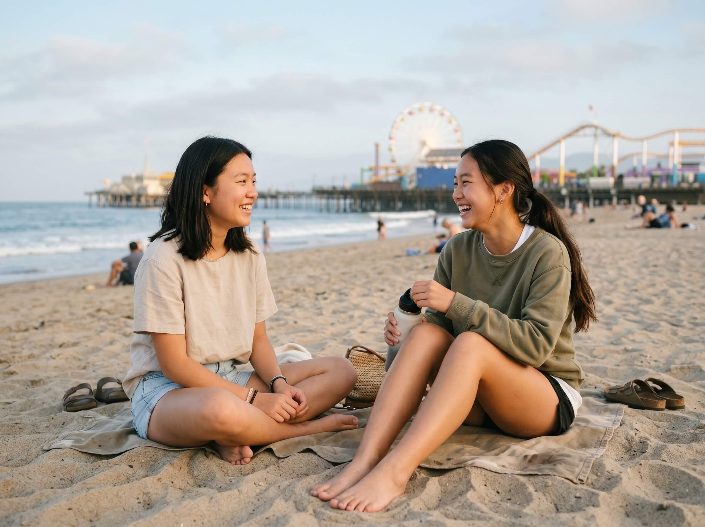 Two people are sitting on a beach, smiling and talking, with a pier and amusement park visible in the background.