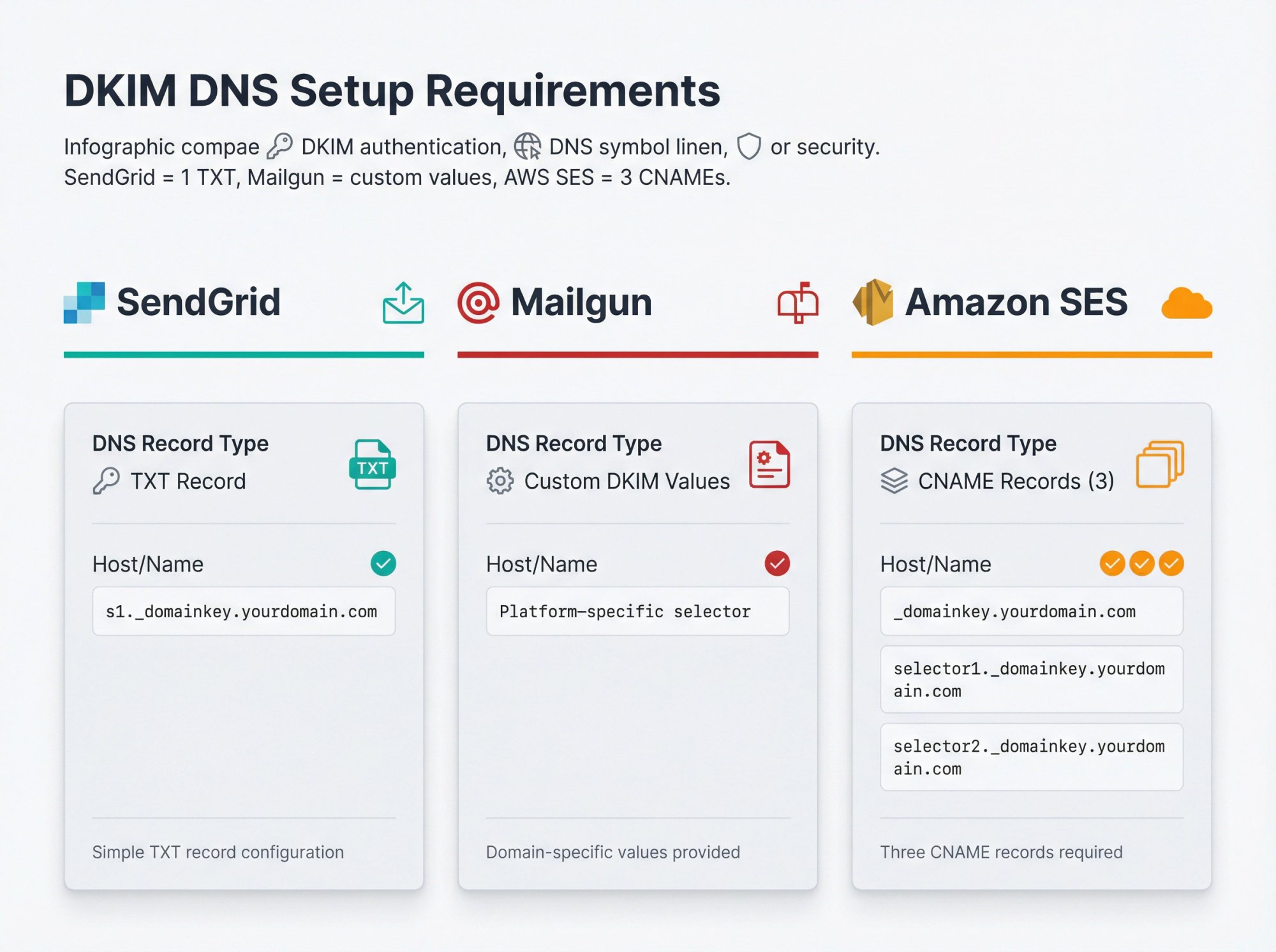 Side-by-side comparison showing DKIM DNS configuration requirements for SendGrid, Mailgun, and Amazon SES platforms