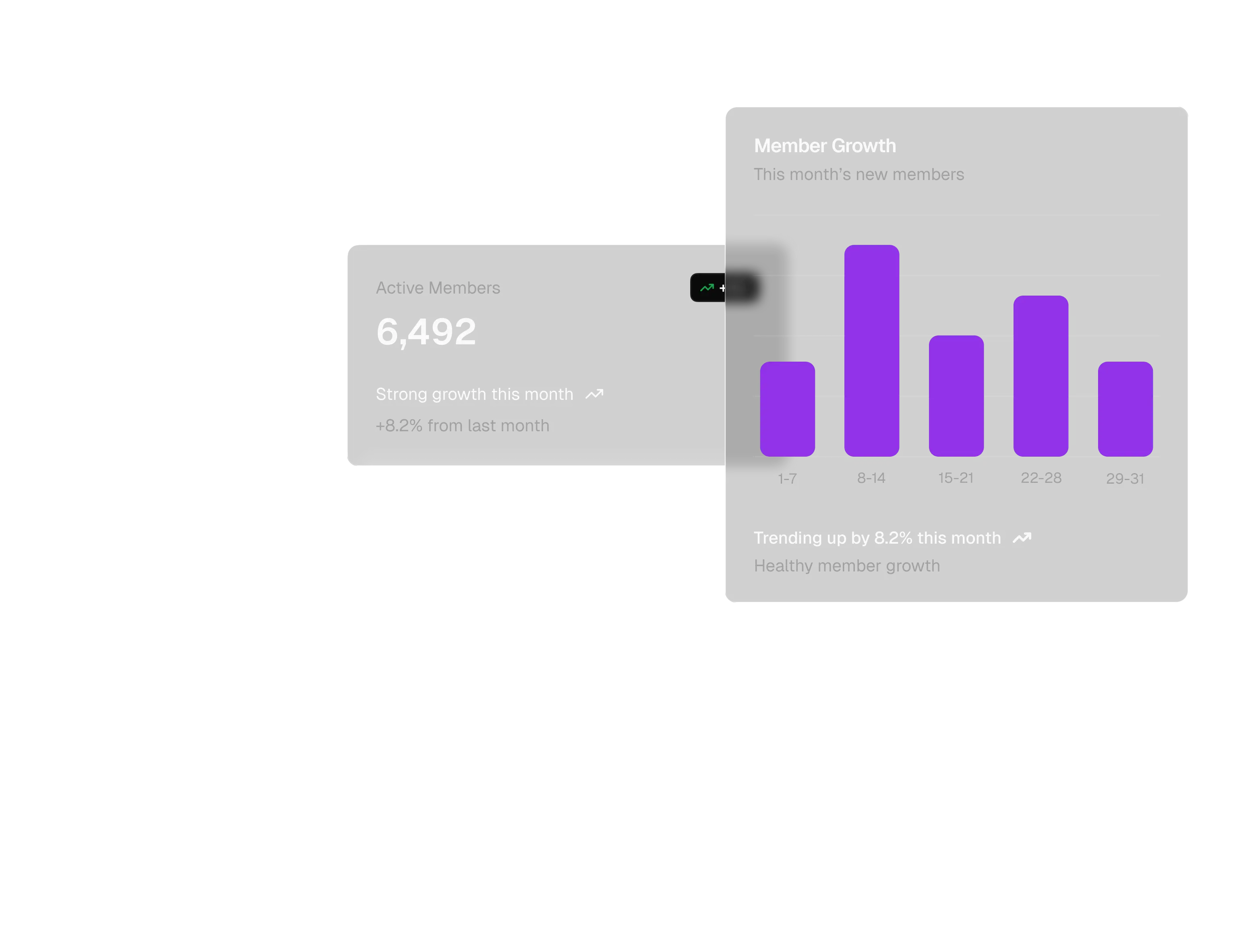 Dashboard with active members count and a monthly member growth bar chart.