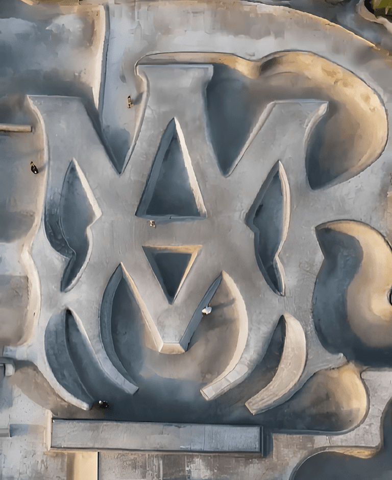 A direct overhead view showing the intricate geometric design of the Amiri logo skatepark