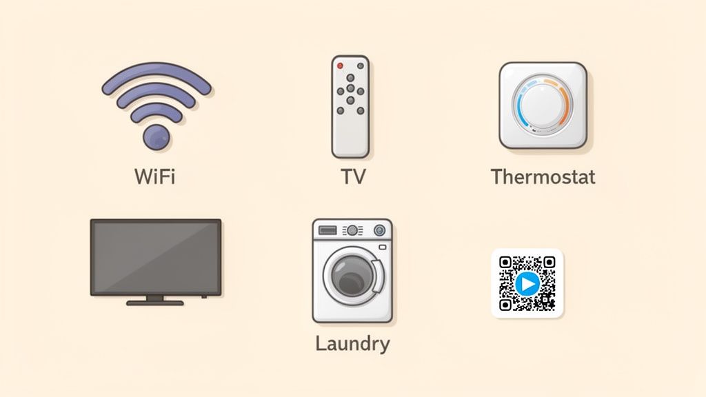 A grid of smart home icons featuring WiFi, TV remote, thermostat, television, washing machine, and a QR code.