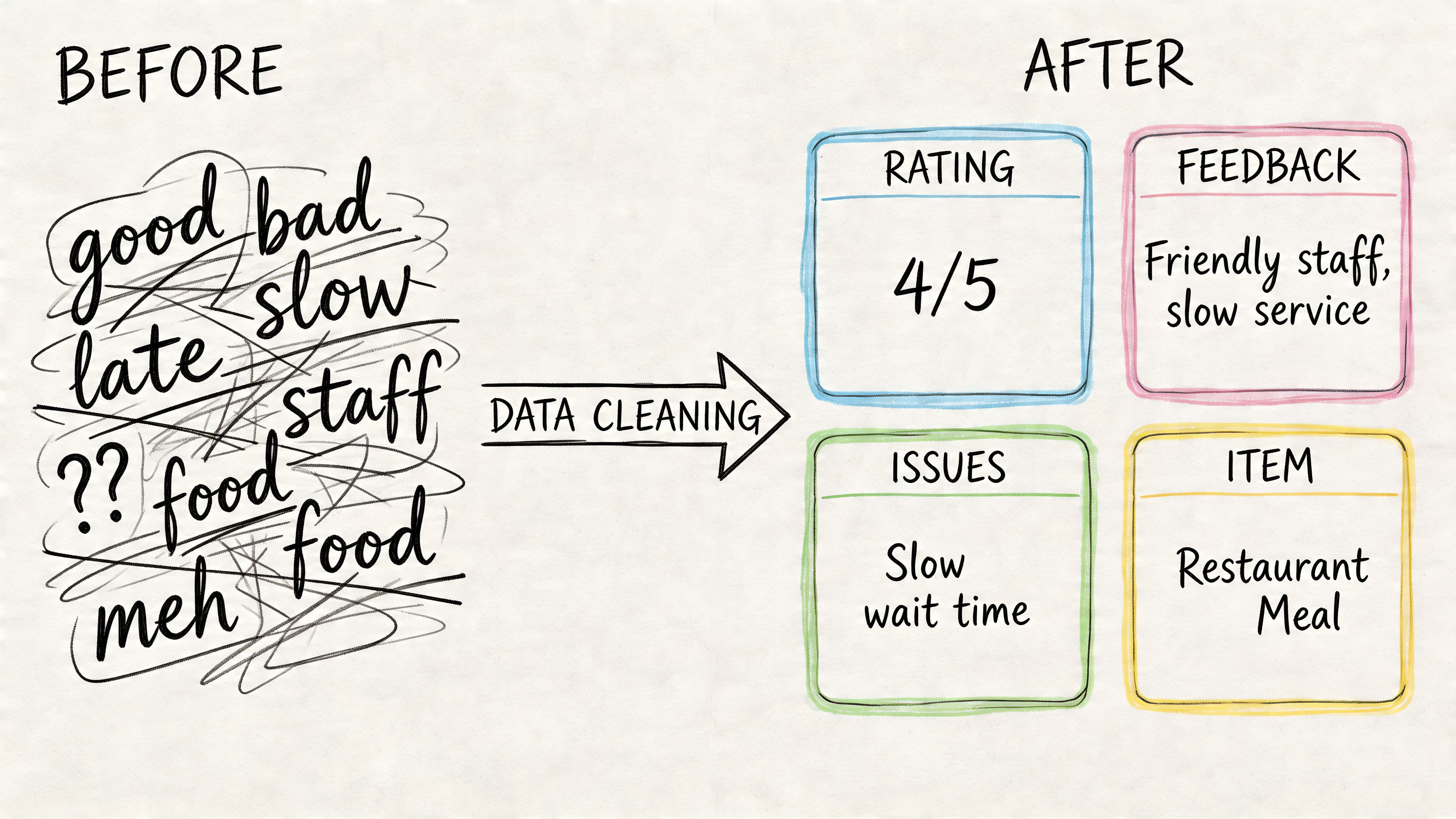 A diagram illustrating data cleaning process by turning messy feedback notes into organized structured restaurant review data.