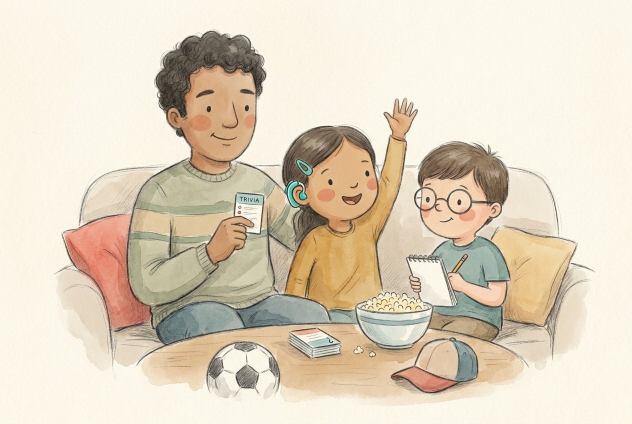 Storybook illustration of a family sports trivia night: a dad holds up a card while his daughter, wearing a teal hearing aid, raises her hand and her brother in glasses keeps score.