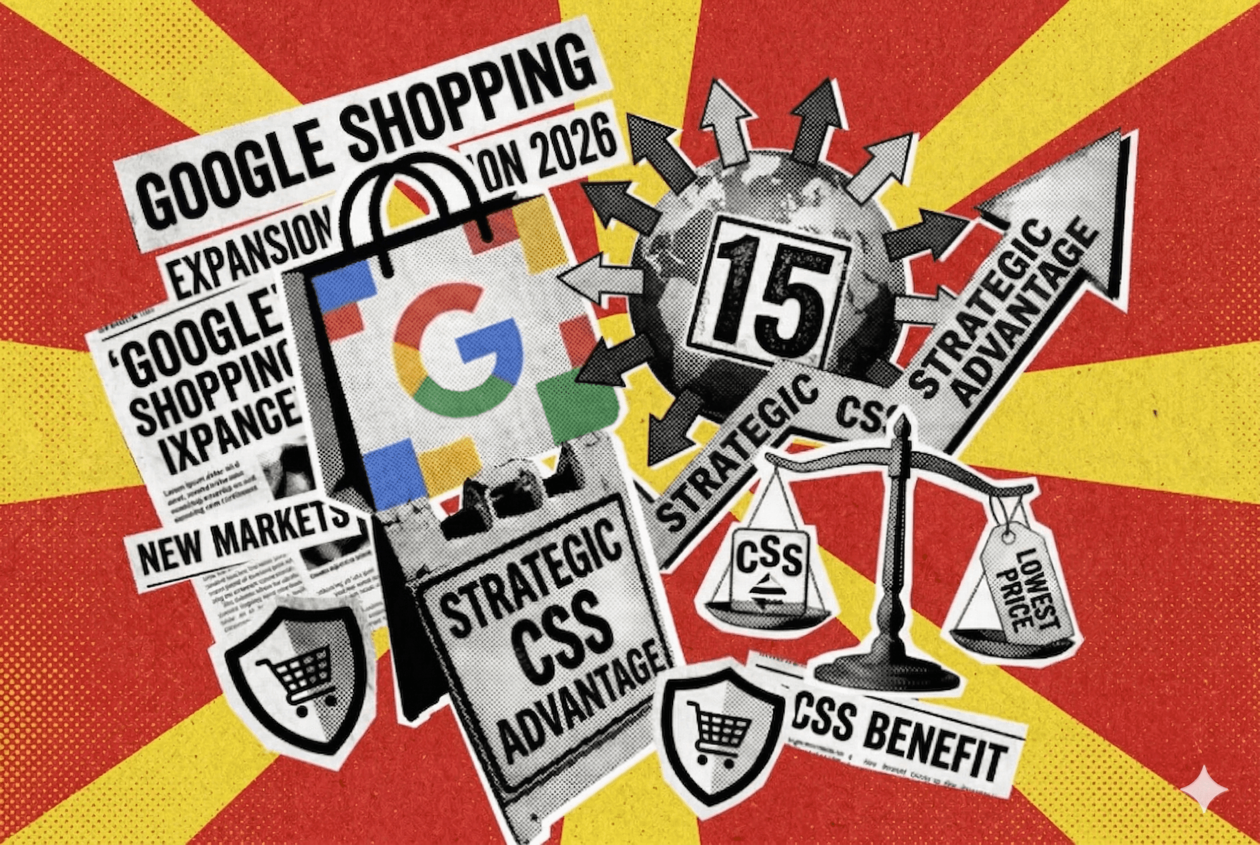 Google Shopping will be available in North Macedonia in 2026. The picture shows the country's flag and the advantages of Google CSS