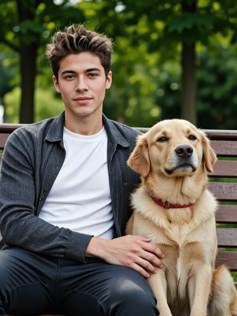 AI man with dog in park